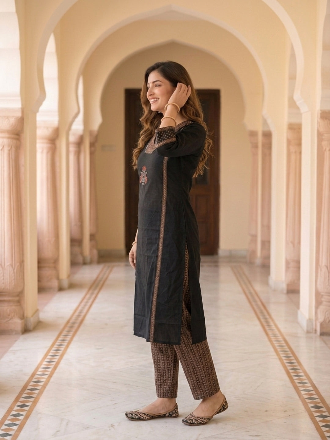 Black Zari Embroidered Cotton 3-Piece Kurta Set