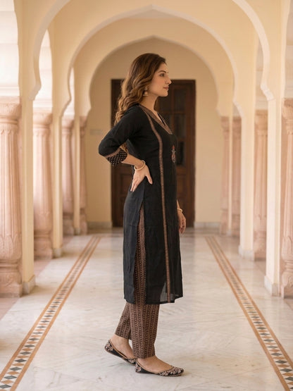 Black Zari Embroidered Cotton 3-Piece Kurta Set