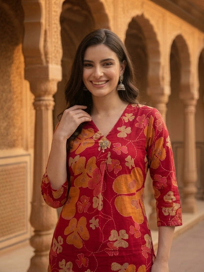Abstract Floral Printed A-Line Co-ord Set - Maroon