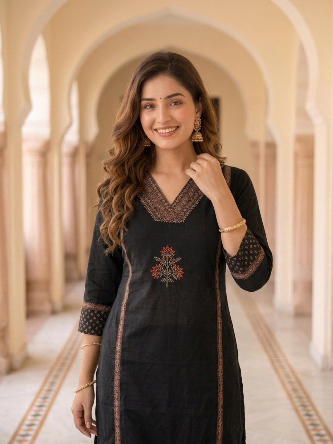 Black Zari Embroidered Cotton 3-Piece Kurta Set