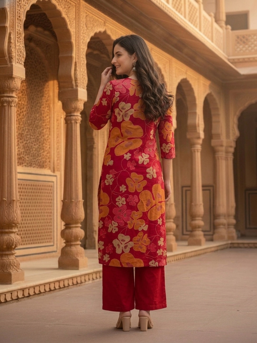 Abstract Floral Printed A-Line Co-ord Set - Maroon