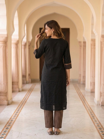 Black Zari Embroidered Cotton 3-Piece Kurta Set