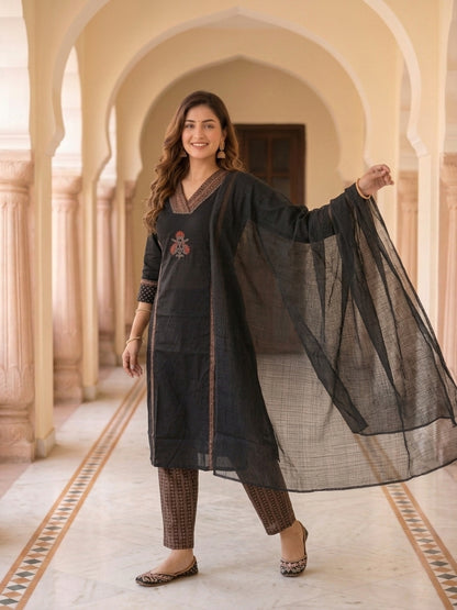 Black Zari Embroidered Cotton 3-Piece Kurta Set