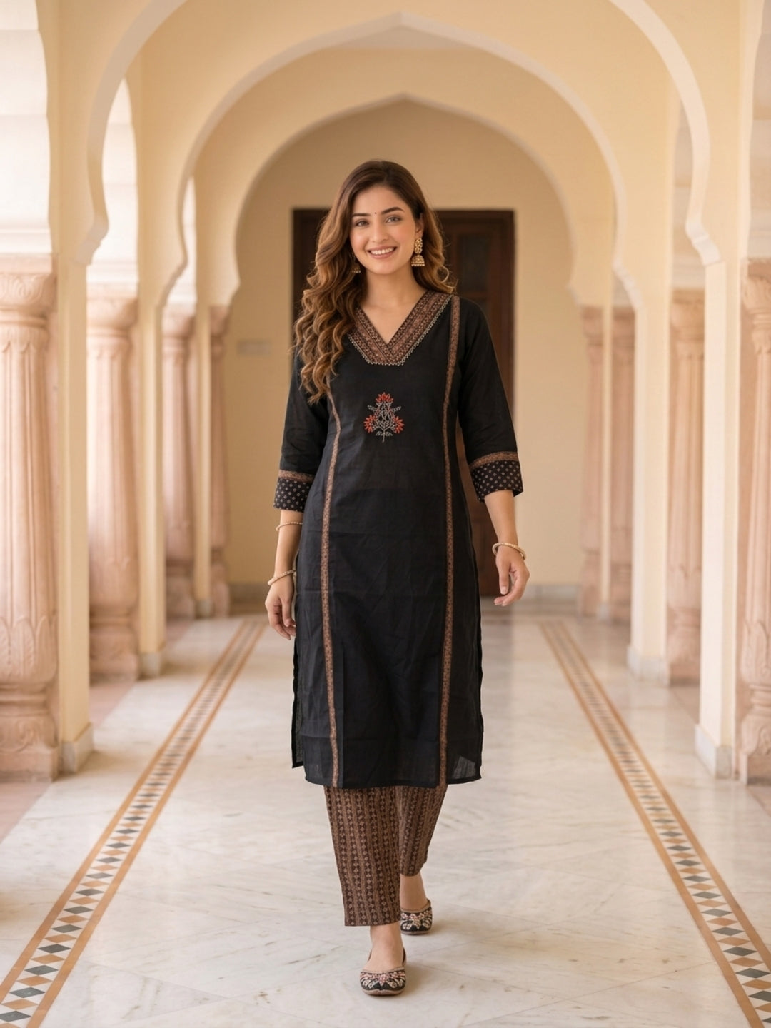 Black Zari Embroidered Cotton 3-Piece Kurta Set