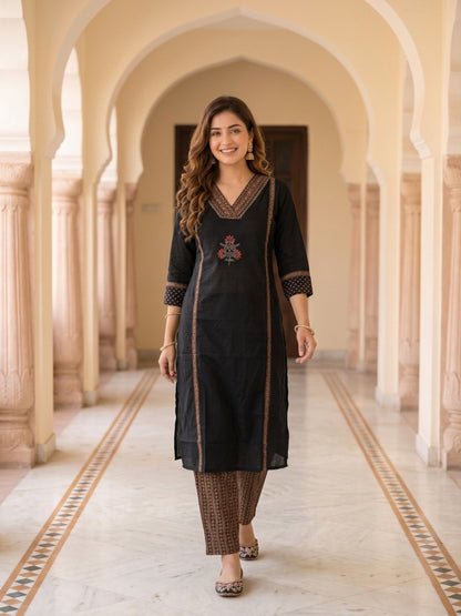 Black Zari Embroidered Cotton 3-Piece Kurta Set