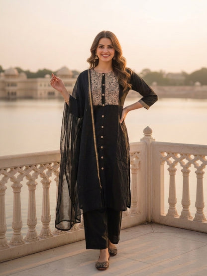 Black Pinstripe Cotton Straight Kurta Set with Embroidered Yoke, Palazzo & Dupatta