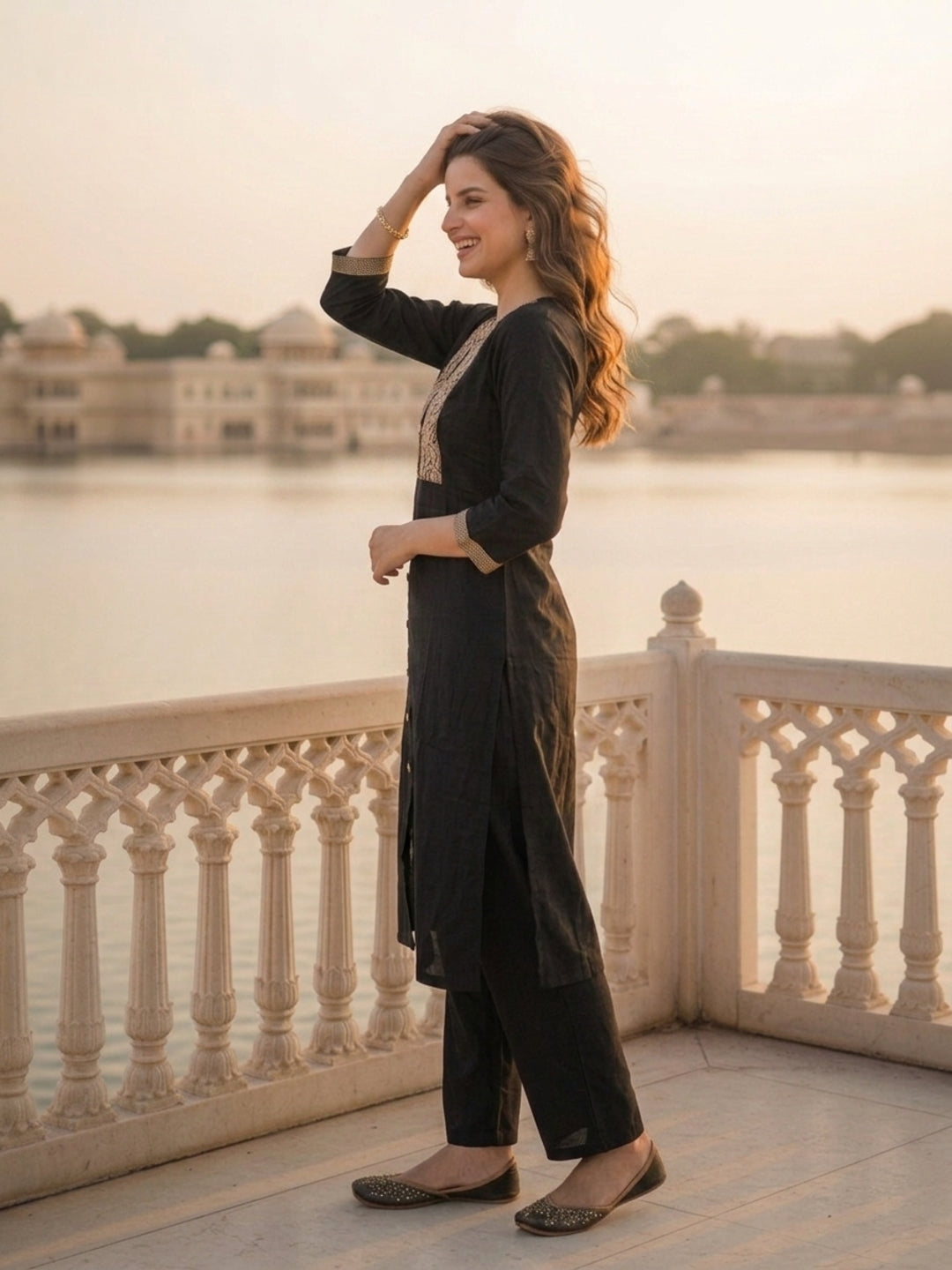 Black Pinstripe Cotton Straight Kurta Set with Embroidered Yoke, Palazzo & Dupatta
