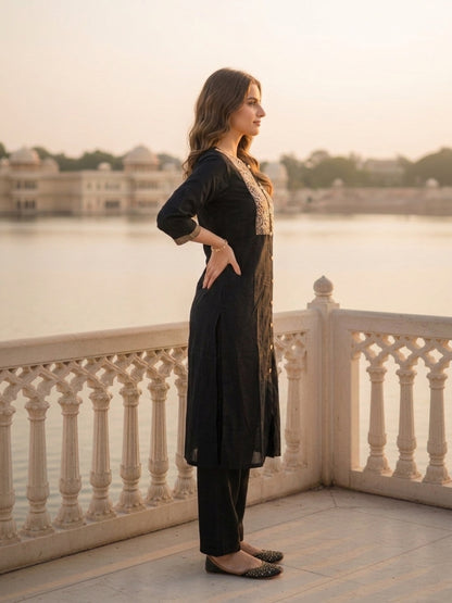Black Pinstripe Cotton Straight Kurta Set with Embroidered Yoke, Palazzo & Dupatta