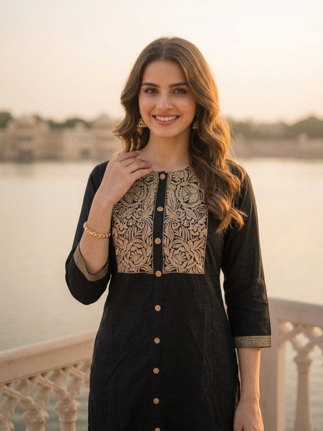Black Pinstripe Cotton Straight Kurta Set with Embroidered Yoke, Palazzo & Dupatta