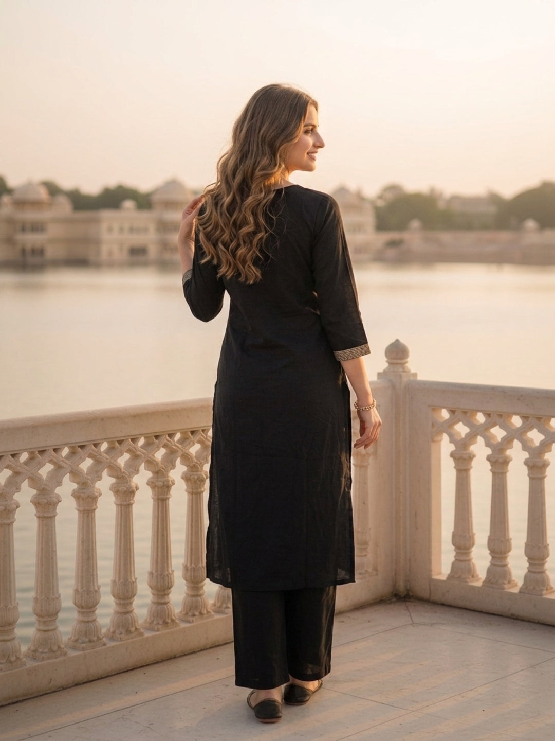 Black Pinstripe Cotton Straight Kurta Set with Embroidered Yoke, Palazzo & Dupatta