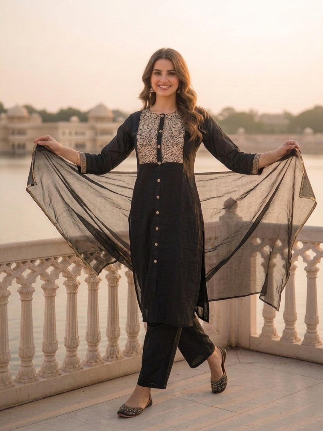 Black Pinstripe Cotton Straight Kurta Set with Embroidered Yoke, Palazzo & Dupatta