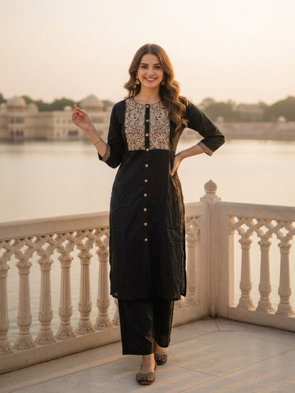 Black Pinstripe Cotton Straight Kurta Set with Embroidered Yoke, Palazzo & Dupatta