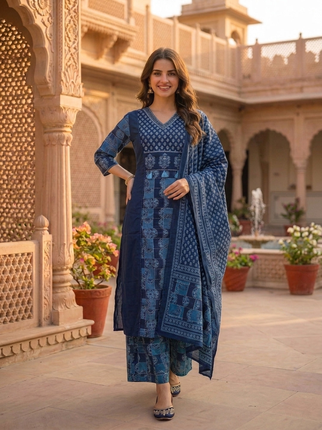 Navy Blue Solid Cotton Straight Kurta Set with Printed Panel & Sequins, Palazzo & Dupatta