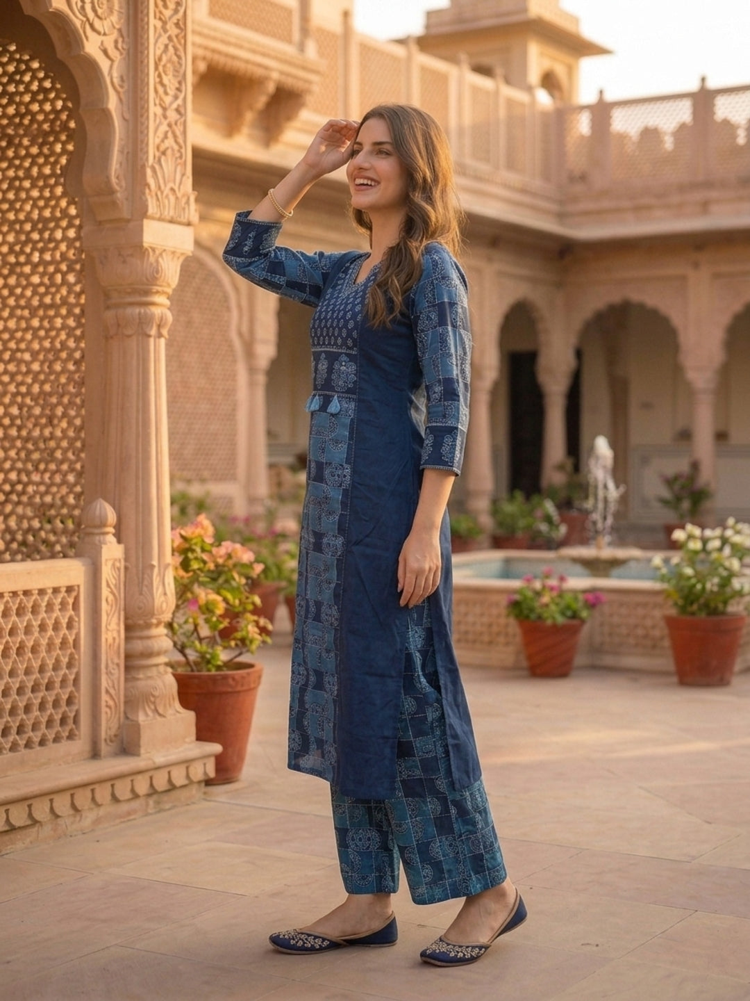 Navy Blue Solid Cotton Straight Kurta Set with Printed Panel & Sequins, Palazzo & Dupatta
