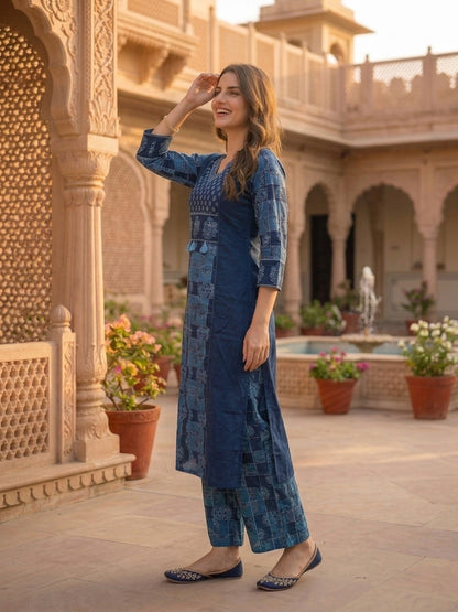 Navy Blue Solid Cotton Straight Kurta Set with Printed Panel & Sequins, Palazzo & Dupatta