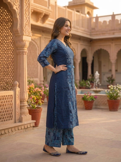 Navy Blue Solid Cotton Straight Kurta Set with Printed Panel & Sequins, Palazzo & Dupatta