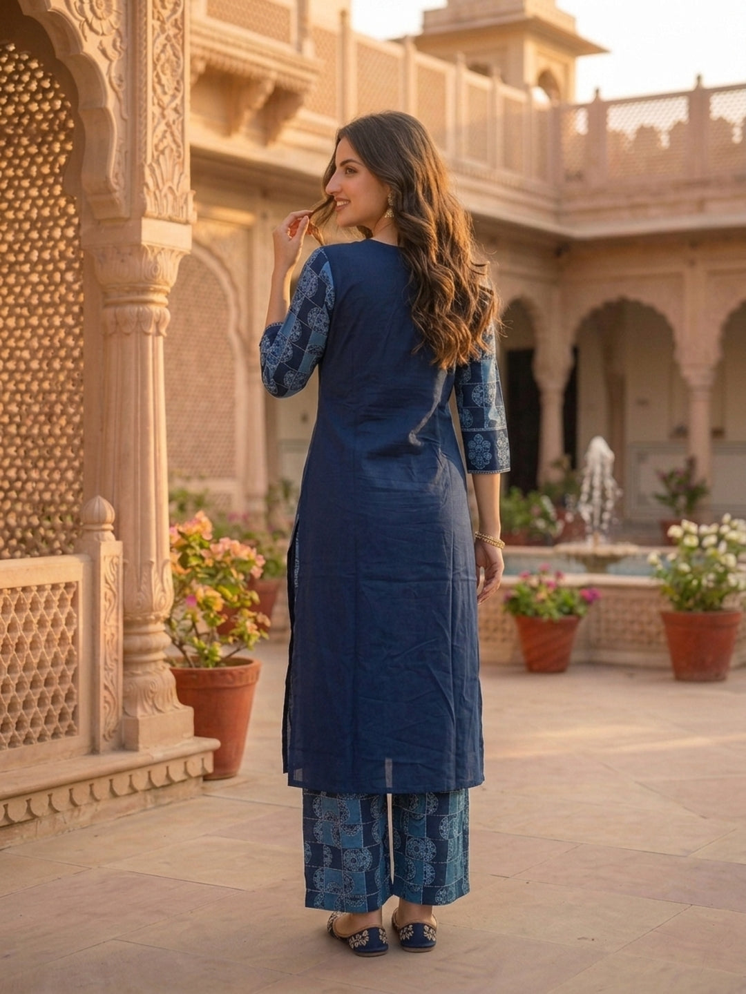 Navy Blue Solid Cotton Straight Kurta Set with Printed Panel & Sequins, Palazzo & Dupatta