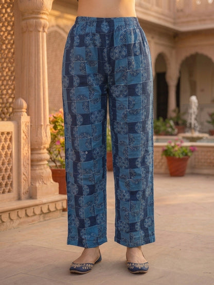 Navy Blue Solid Cotton Straight Kurta Set with Printed Panel & Sequins, Palazzo & Dupatta