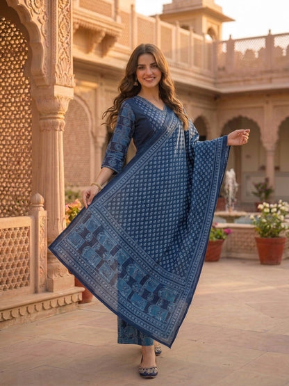 Navy Blue Solid Cotton Straight Kurta Set with Printed Panel & Sequins, Palazzo & Dupatta
