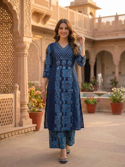 Navy Blue Solid Cotton Straight Kurta Set with Printed Panel & Sequins, Palazzo & Dupatta