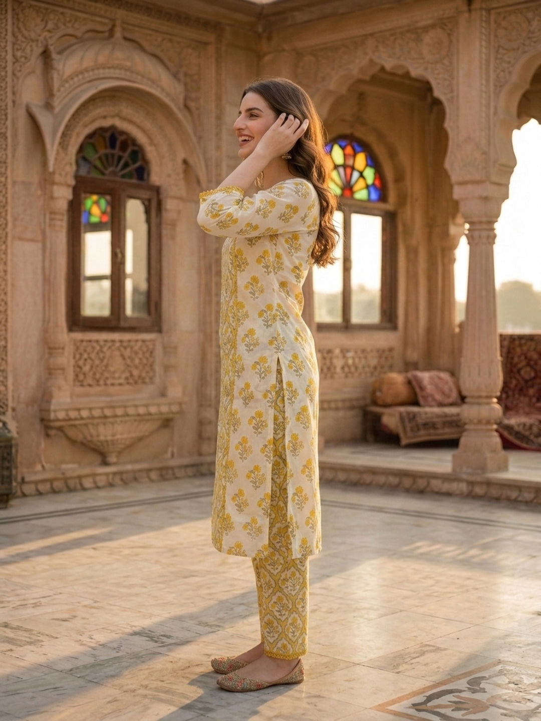 Yellow Ethnic Print Kantha Cotton 3-Piece Kurta Set