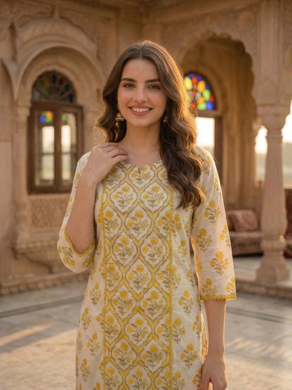 Yellow Ethnic Print Kantha Cotton 3-Piece Kurta Set