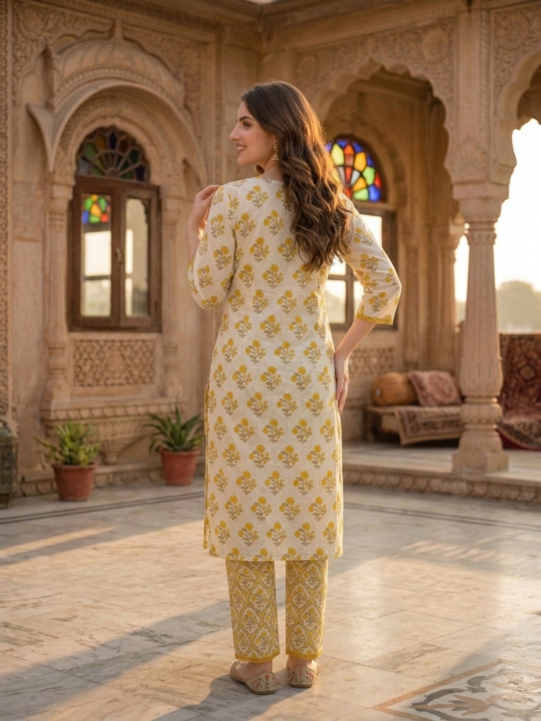 Yellow Ethnic Print Kantha Cotton 3-Piece Kurta Set