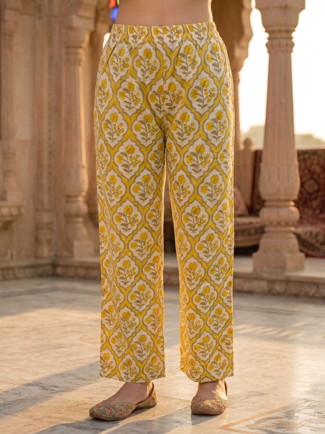 Yellow Ethnic Print Kantha Cotton 3-Piece Kurta Set