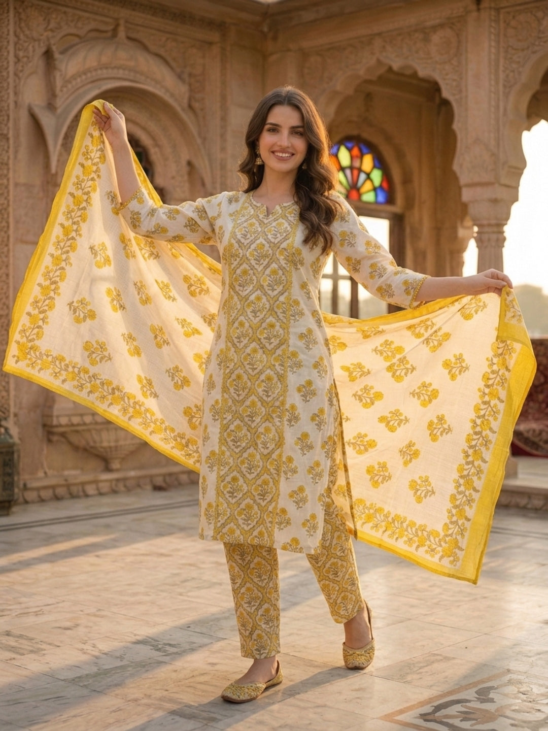 Yellow Ethnic Print Kantha Cotton 3-Piece Kurta Set