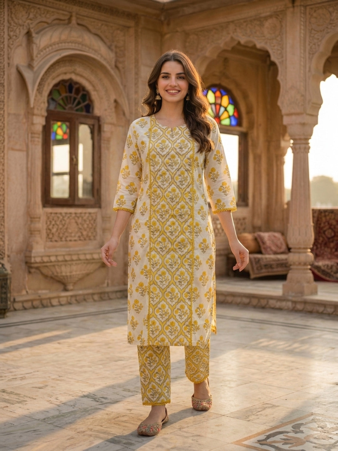 Yellow Ethnic Print Kantha Cotton 3-Piece Kurta Set