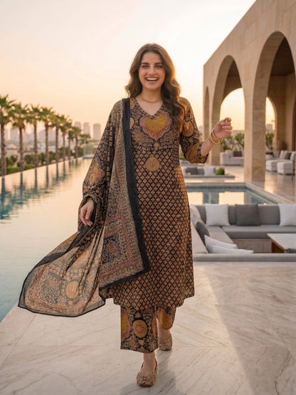 Black Ajrakh Print Cotton A-Line Kurta Set with Sequins, Palazzo & Dupatta
