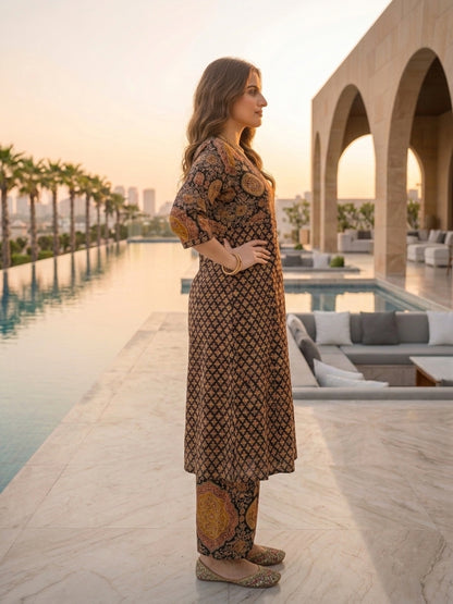 Black Ajrakh Print Cotton A-Line Kurta Set with Sequins, Palazzo & Dupatta