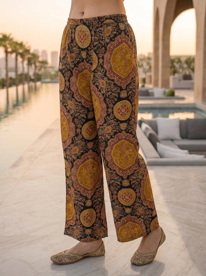 Black Ajrakh Print Cotton A-Line Kurta Set with Sequins, Palazzo & Dupatta