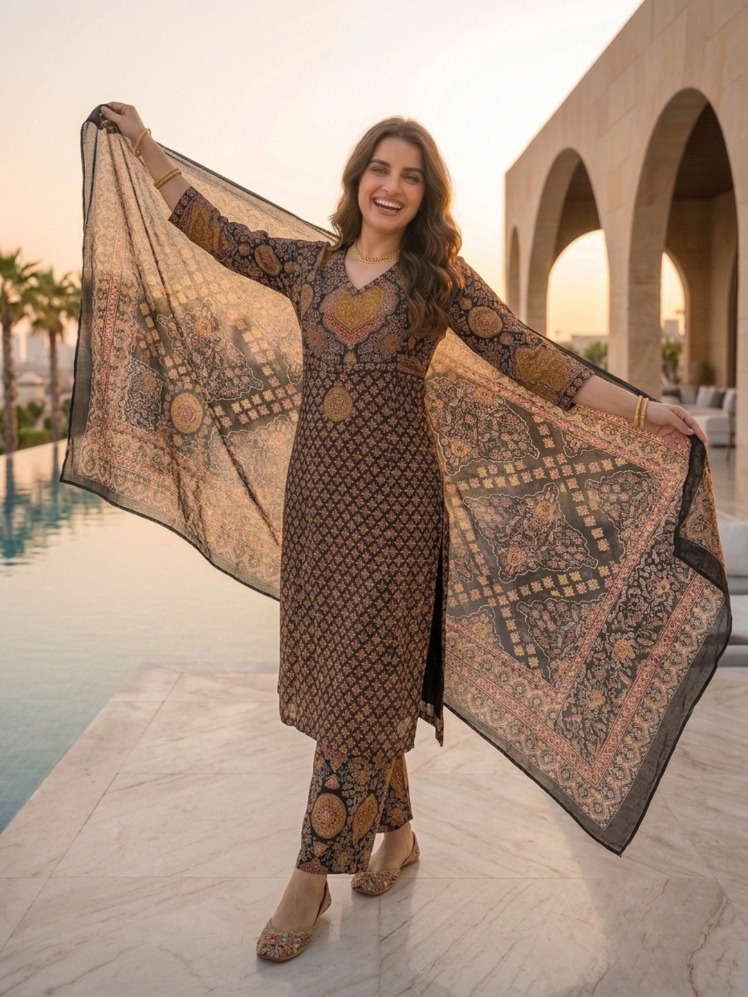 Black Ajrakh Print Cotton A-Line Kurta Set with Sequins, Palazzo & Dupatta