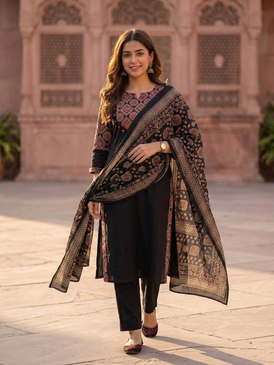 Black Solid Cotton Straight Kurta Set with Ajrakh Yoke, Mirror &  Pyjama & Dupatta