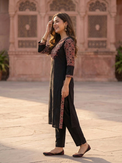 Black Solid Cotton Straight Kurta Set with Ajrakh Yoke, Mirror &  Pyjama & Dupatta