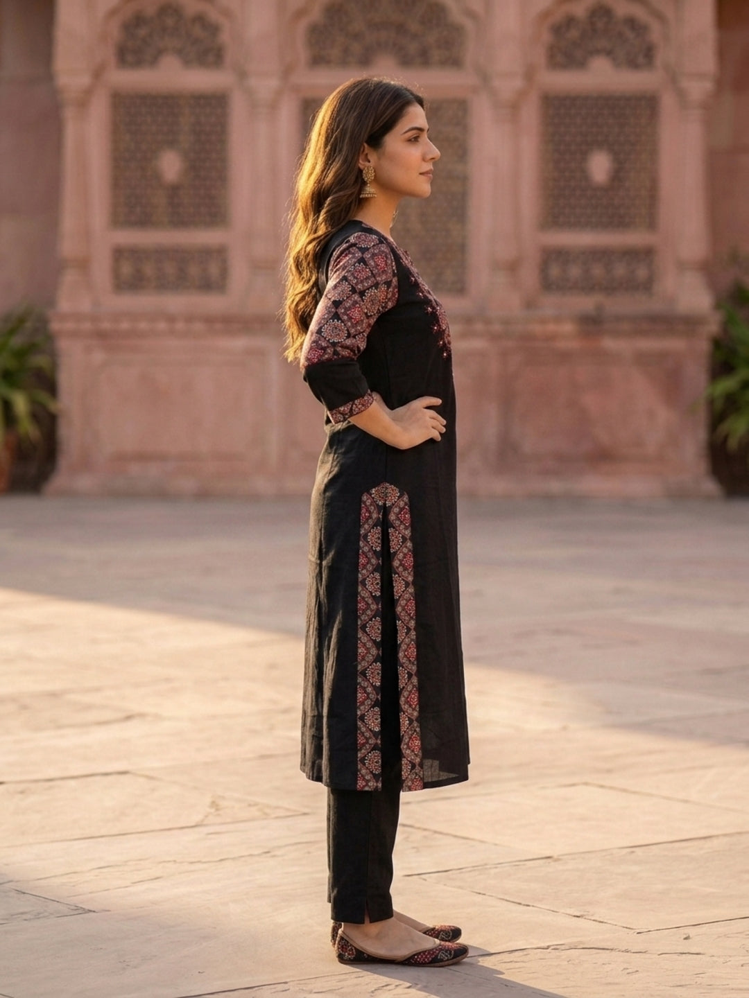 Black Solid Cotton Straight Kurta Set with Ajrakh Yoke, Mirror &  Pyjama & Dupatta