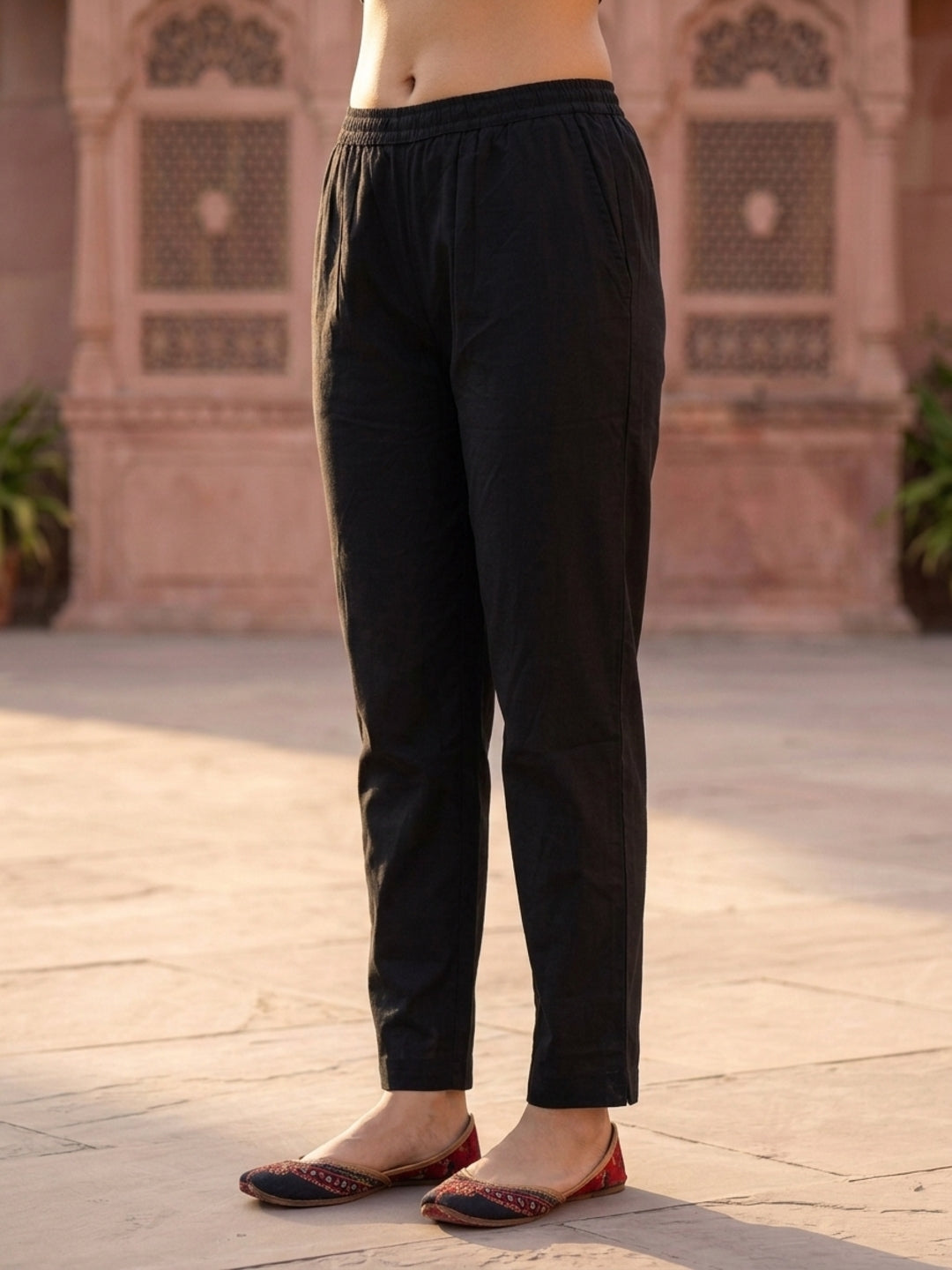 Black Solid Cotton Straight Kurta Set with Ajrakh Yoke, Mirror &  Pyjama & Dupatta