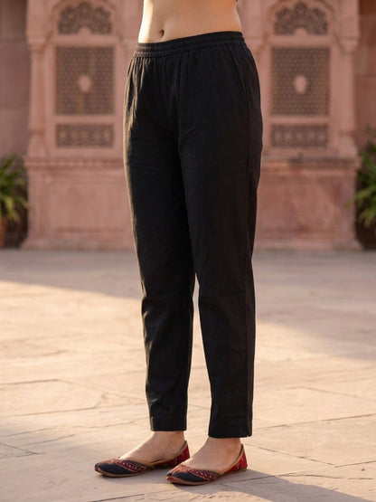 Black Solid Cotton Straight Kurta Set with Ajrakh Yoke, Mirror &  Pyjama & Dupatta