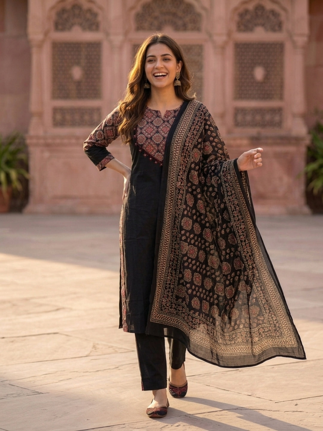 Black Solid Cotton Straight Kurta Set with Ajrakh Yoke, Mirror &  Pyjama & Dupatta