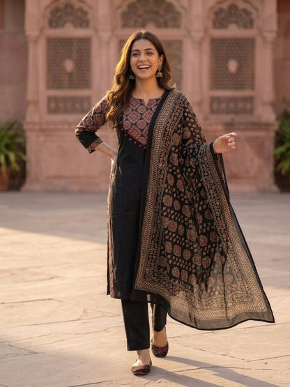 Black Solid Cotton Straight Kurta Set with Ajrakh Yoke, Mirror &  Pyjama & Dupatta