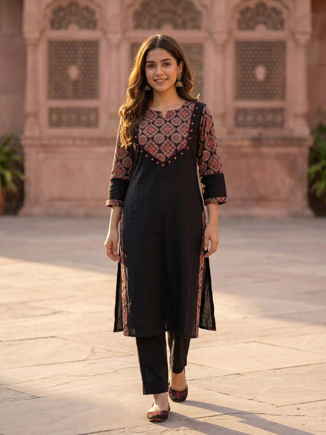 Black Solid Cotton Straight Kurta Set with Ajrakh Yoke, Mirror &  Pyjama & Dupatta