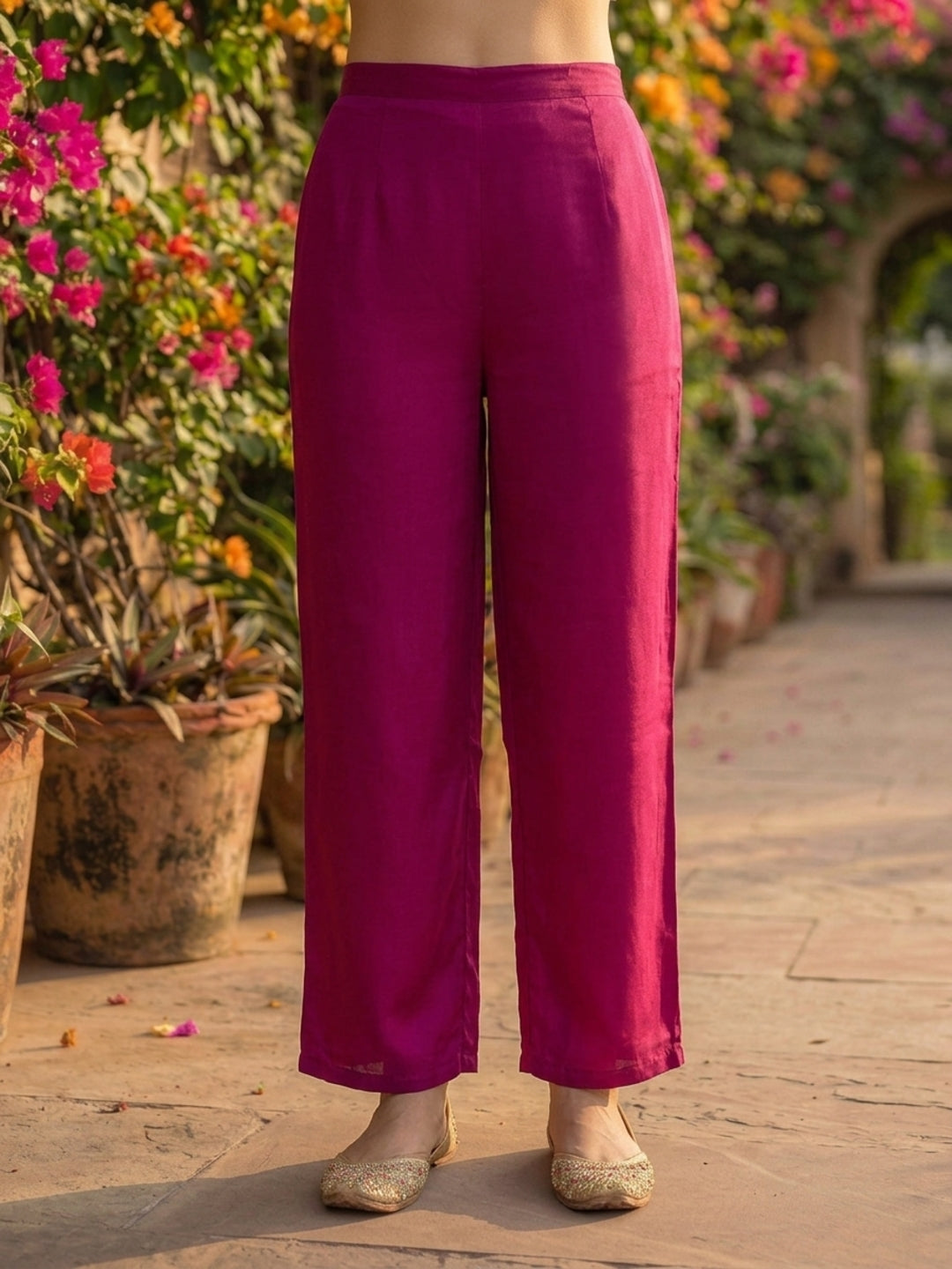 Magenta Solid Chiffon A-Line Kurta & Silk Crepe Palazzo Set with Sequin Yoke