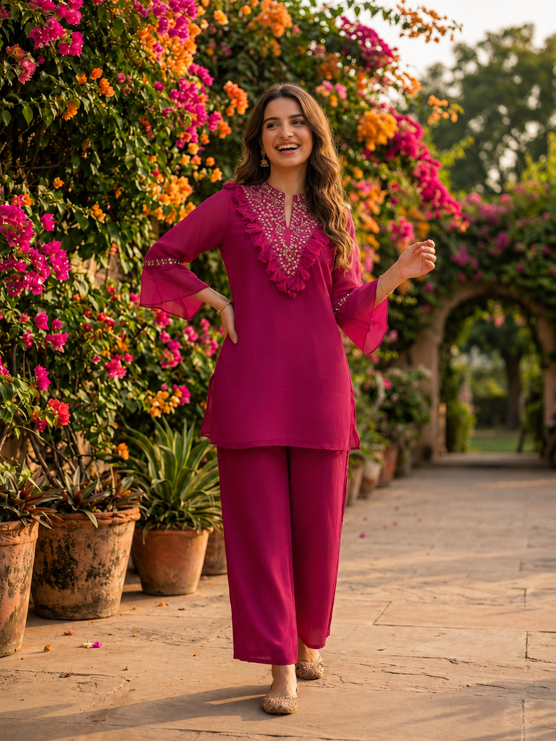 Magenta Solid Chiffon A-Line Kurta & Silk Crepe Palazzo Set with Sequin Yoke