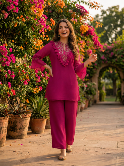 Magenta Solid Chiffon A-Line Kurta & Silk Crepe Palazzo Set with Sequin Yoke