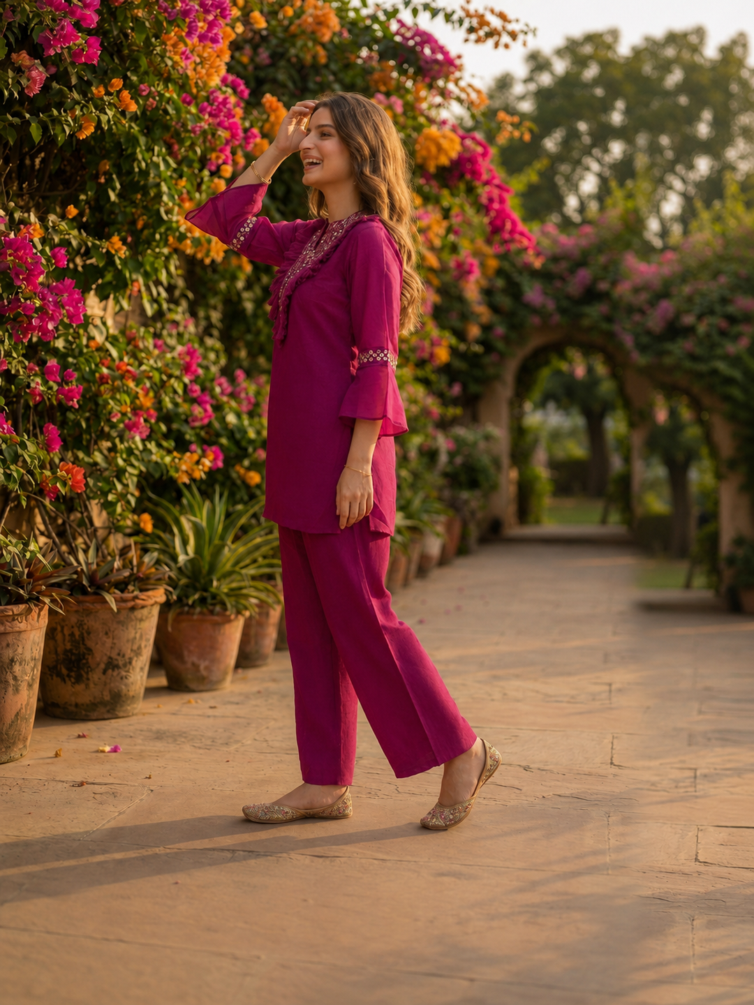 Magenta Solid Chiffon A-Line Kurta & Silk Crepe Palazzo Set with Sequin Yoke