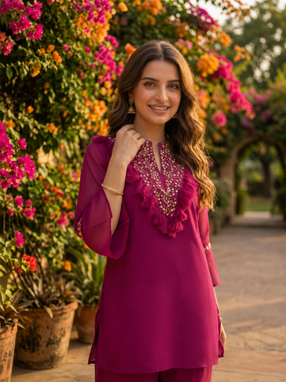 Magenta Solid Chiffon A-Line Kurta & Silk Crepe Palazzo Set with Sequin Yoke