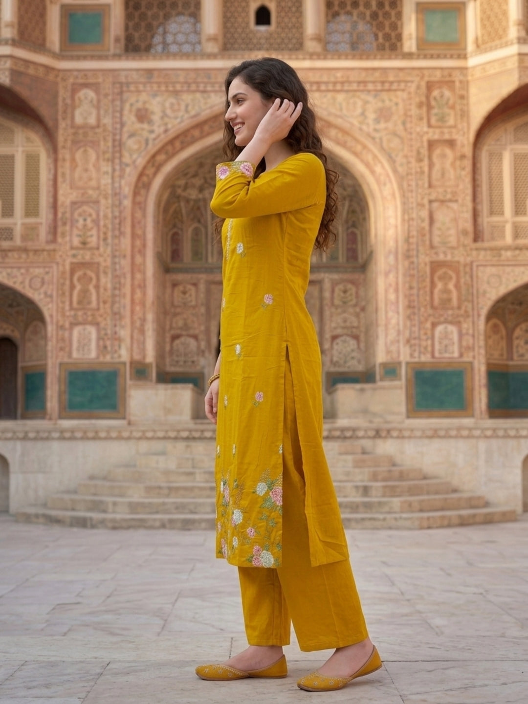 Mustard Solid Voile Straight Kurta Set with Embroidery & Embroidered Dupatta, Palazzo