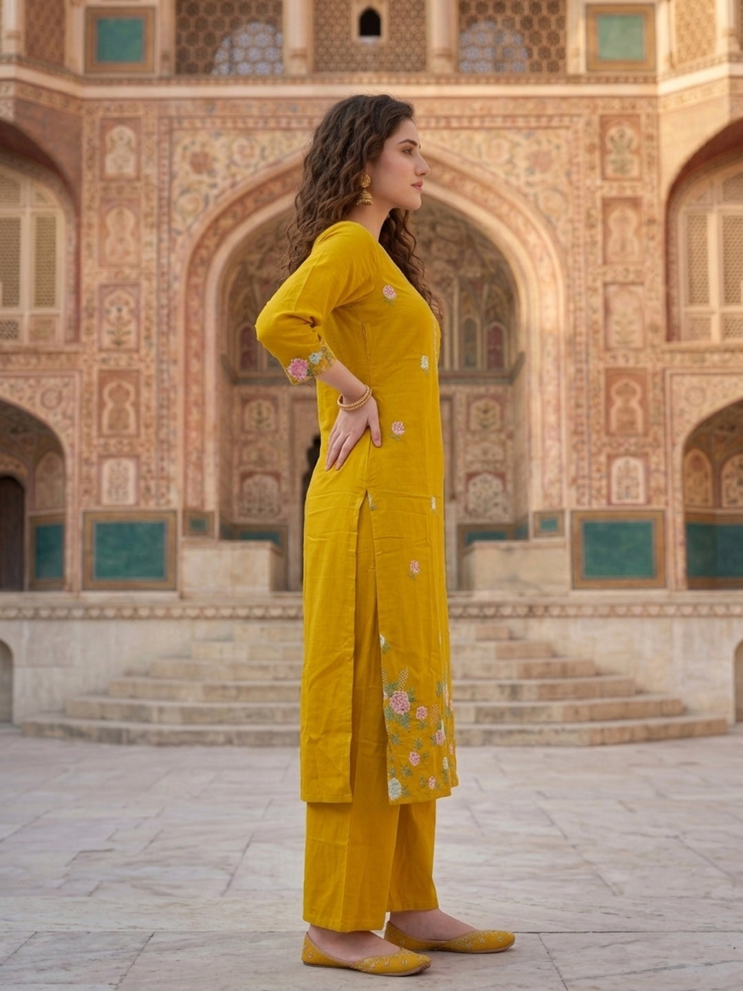 Mustard Solid Voile Straight Kurta Set with Embroidery & Embroidered Dupatta, Palazzo