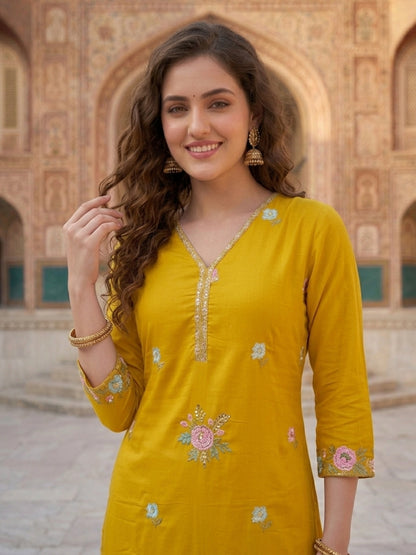 Mustard Solid Voile Straight Kurta Set with Embroidery & Embroidered Dupatta, Palazzo
